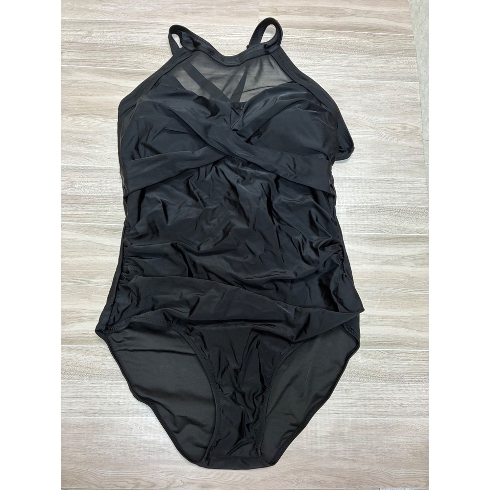 Vimpunec Womens Black Mesh High Neck One Piece Swimsuit XL Ruched Twist Front